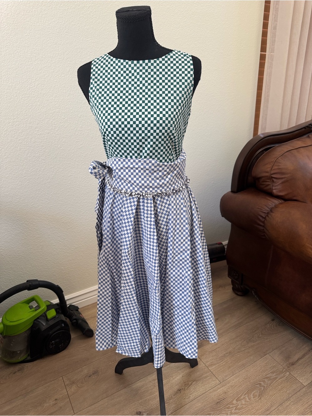 MARELLA Two-Tone Gingham Midi Dress in Green and White